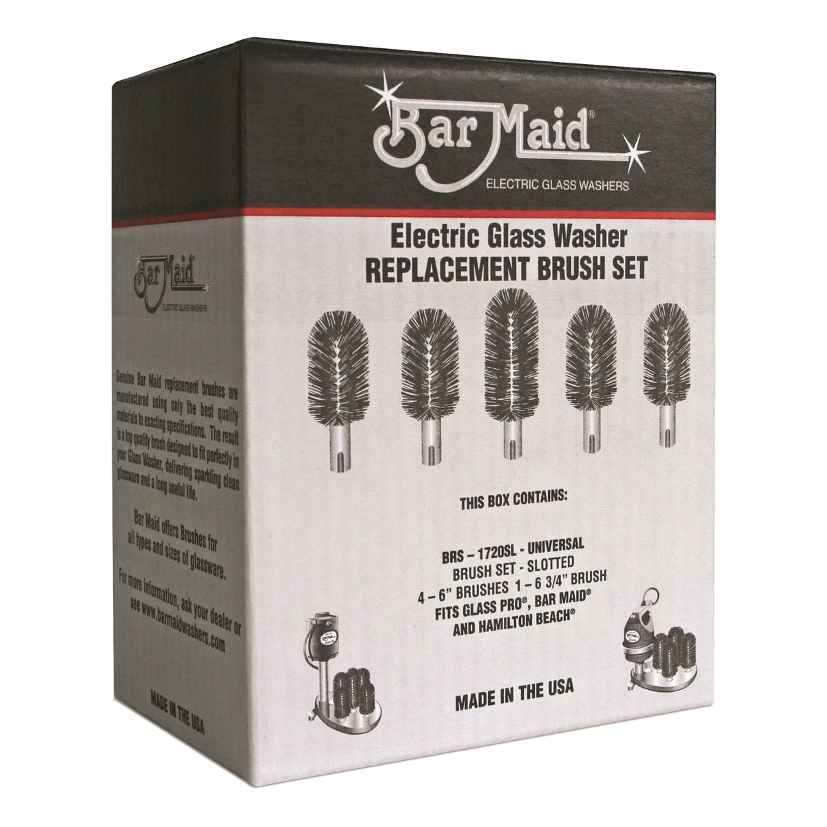 Bar Maid BRS-1720SL Universal Replacement Slotted Brush Set box showing five glass washer brushes