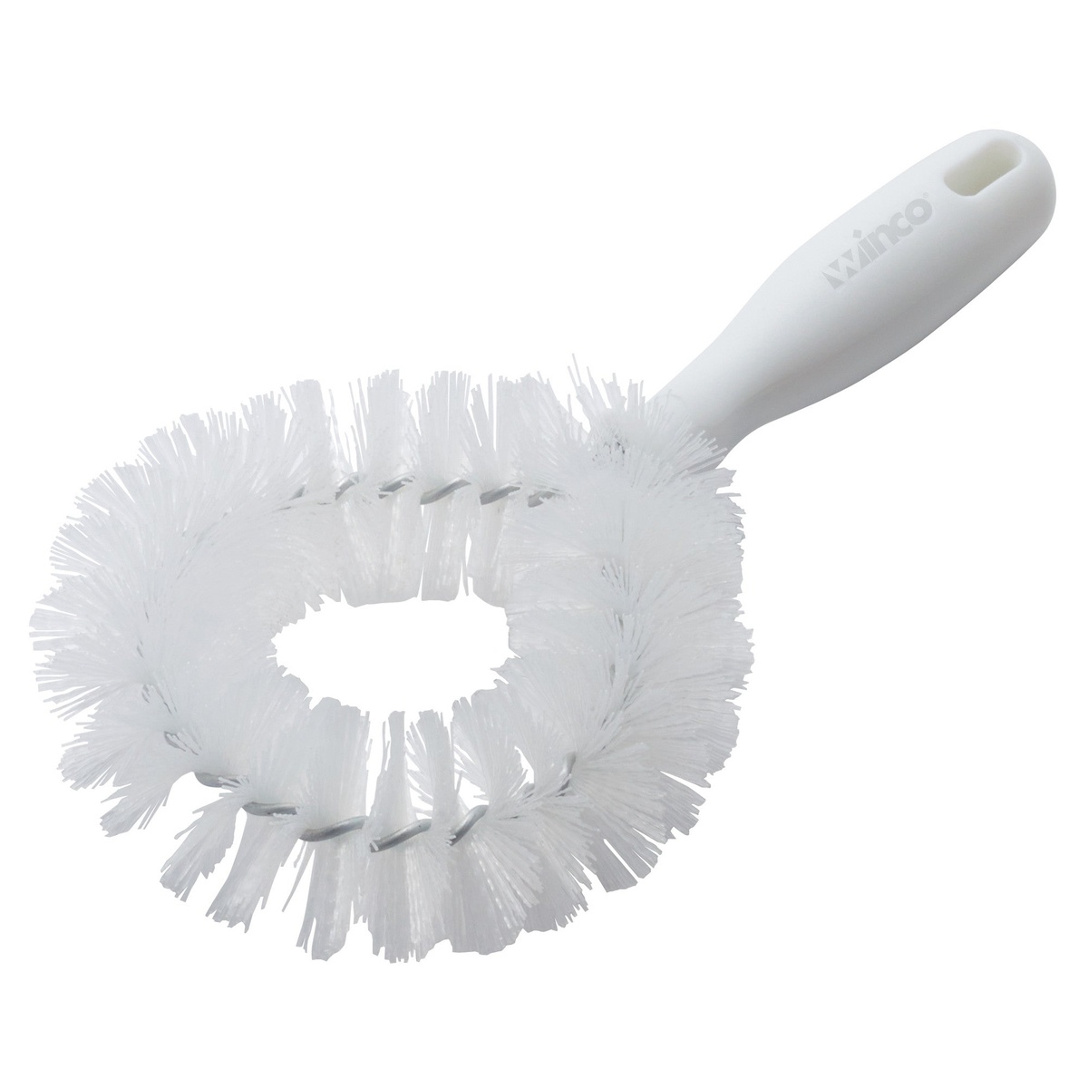 Winco BRV-10 white vegetable cleaning brush with circular bristle ring and ergonomic plastic handle