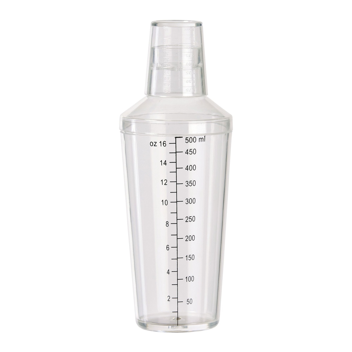 Winco BS-16PC 16 oz clear plastic bar shaker with dual oz and ml measurement markings and jigger cap