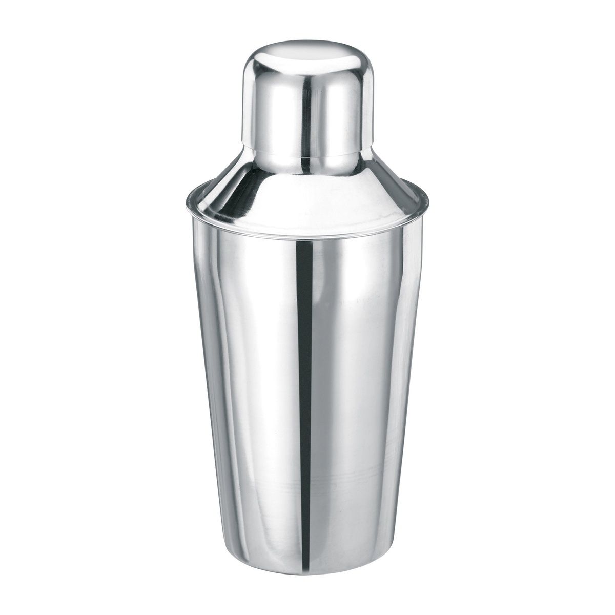 Winco BS-310 10 oz stainless steel 3-piece classic cocktail shaker set with cap and strainer on white background