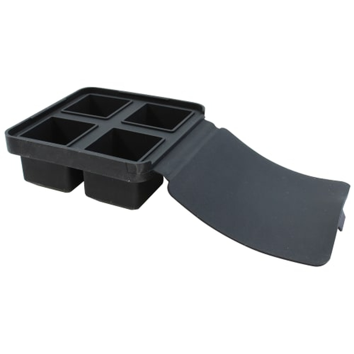 Tablecraft BSCT2 black silicone ice cube tray with lid open showing four square mold cavities