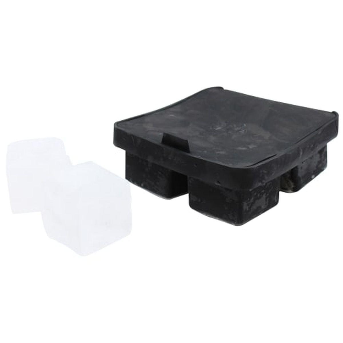 Tablecraft BSCT2 black silicone ice cube tray with two clear square ice cubes displayed beside it