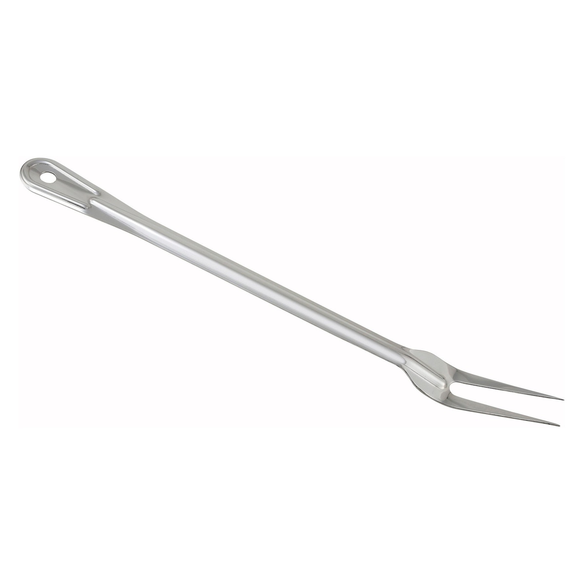 Winco BSFK-21 21-inch stainless steel basting fork with two-tine head and hanging hole on white background