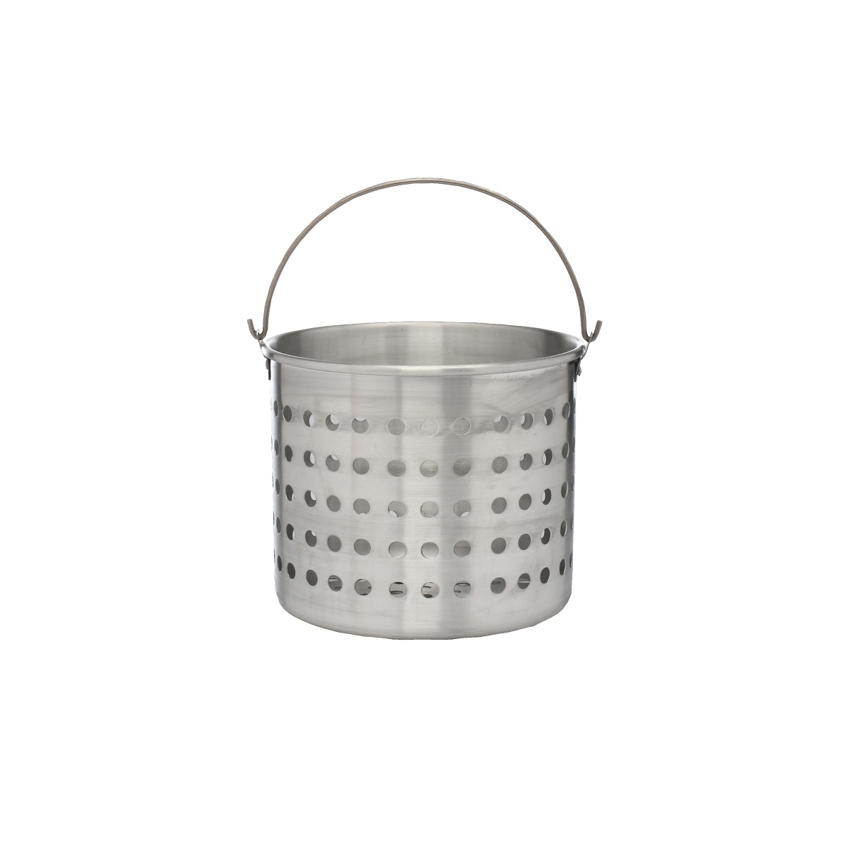 Libertyware BSK20 aluminum steamer basket with 180-degree pivoting bail handle, angled view showing perforated walls