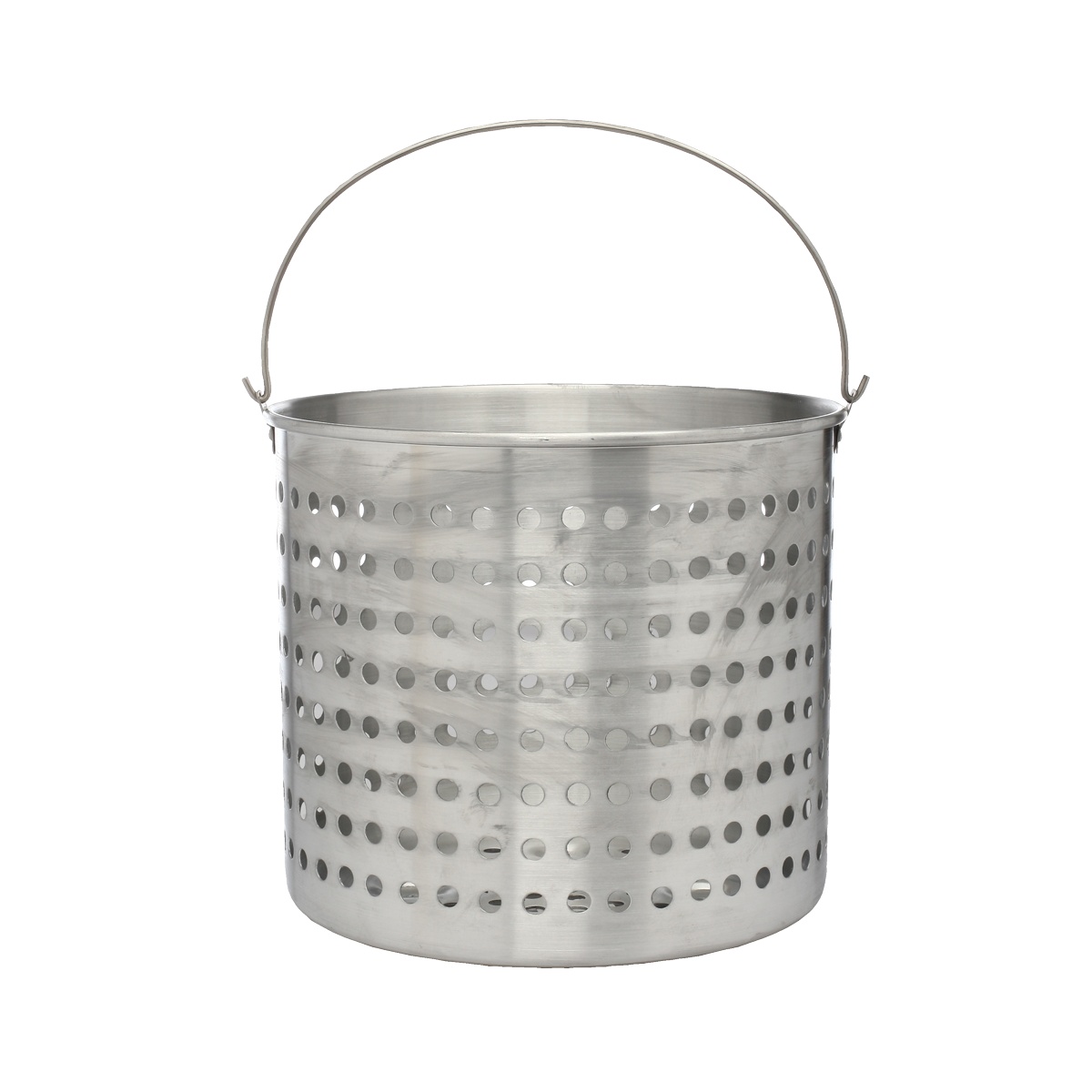 Libertyware BSK50 50-quart round aluminum steamer basket with perforated sides and 180-degree swing handle