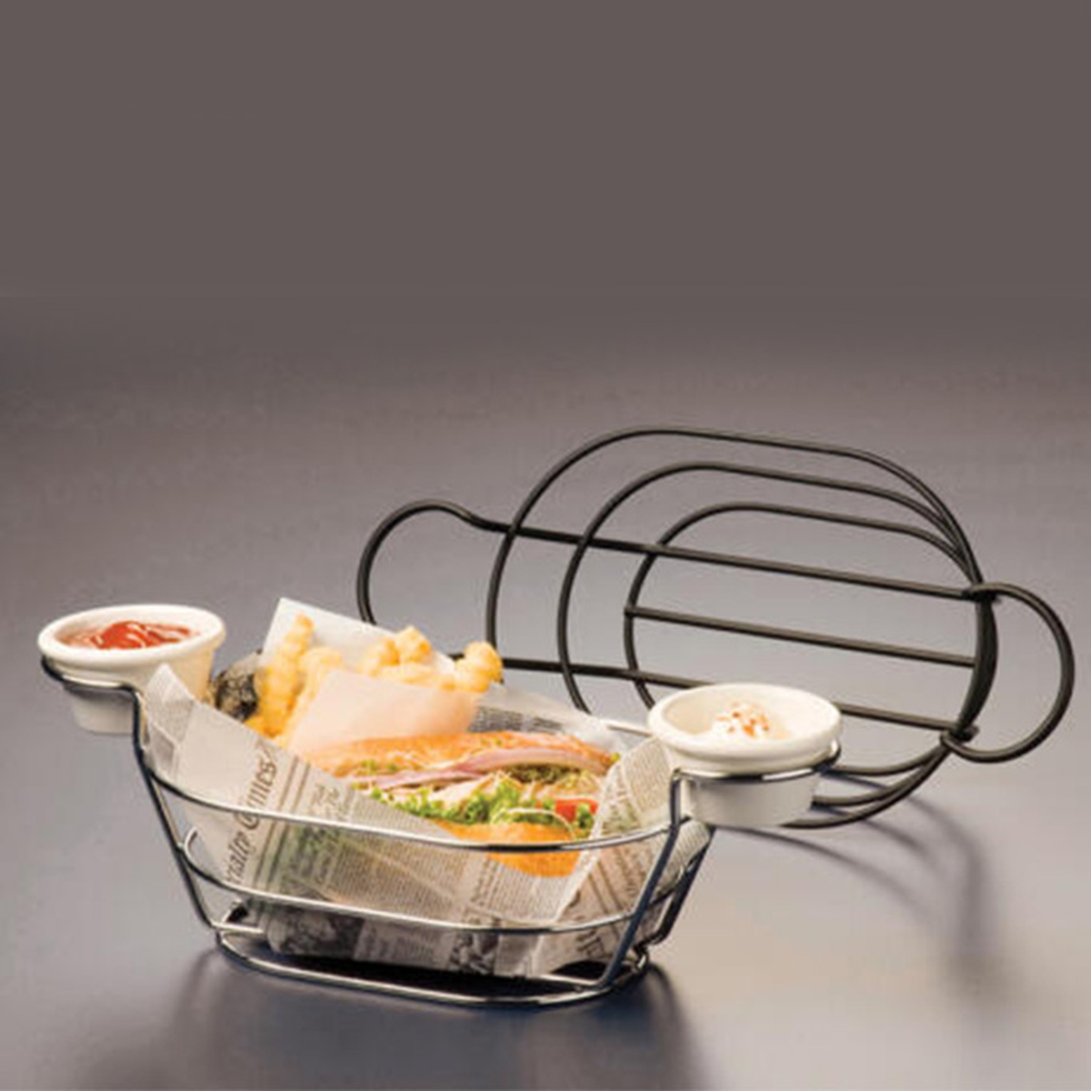 American Metalcraft BSKB96 black oblong wire basket with ramekin holders shown alongside chrome variant