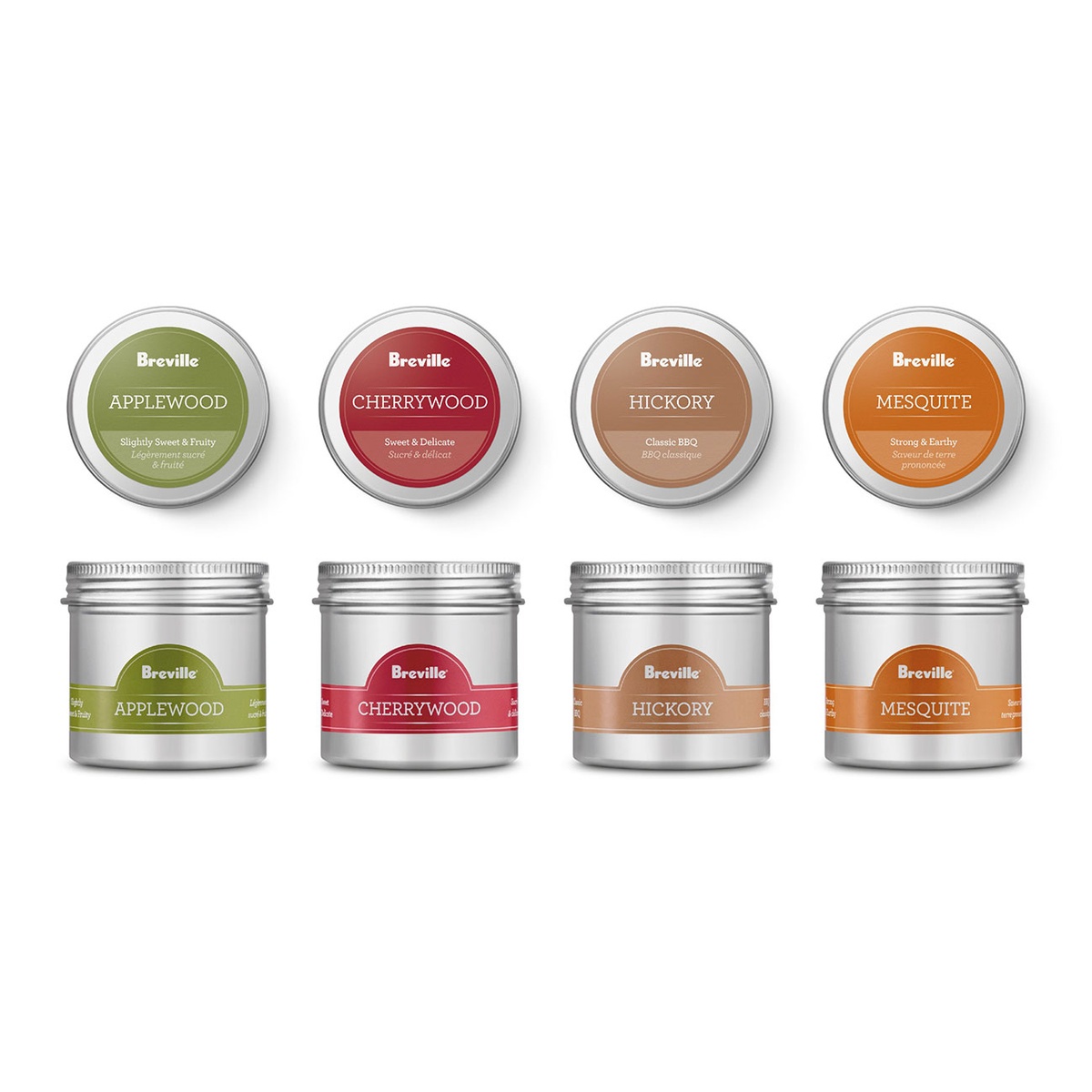 Four Breville wood chip tins - Applewood, Cherrywood, Hickory, and Mesquite - shown from above and from the side