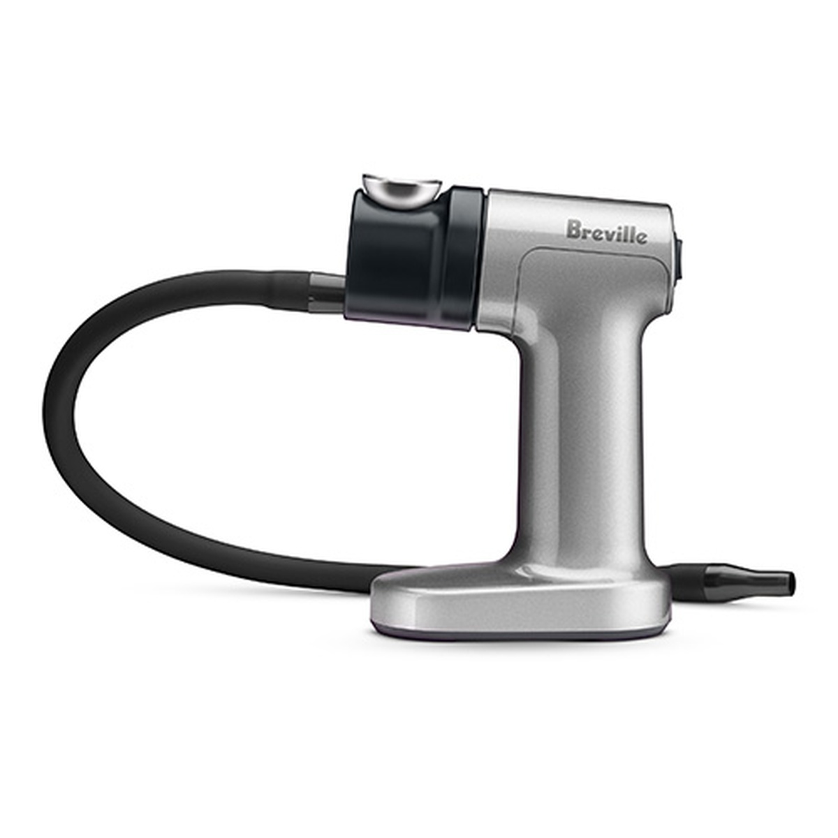Breville Smoking Gun Pro on a white background showing the silver body, flexible hose, and smoke nozzle