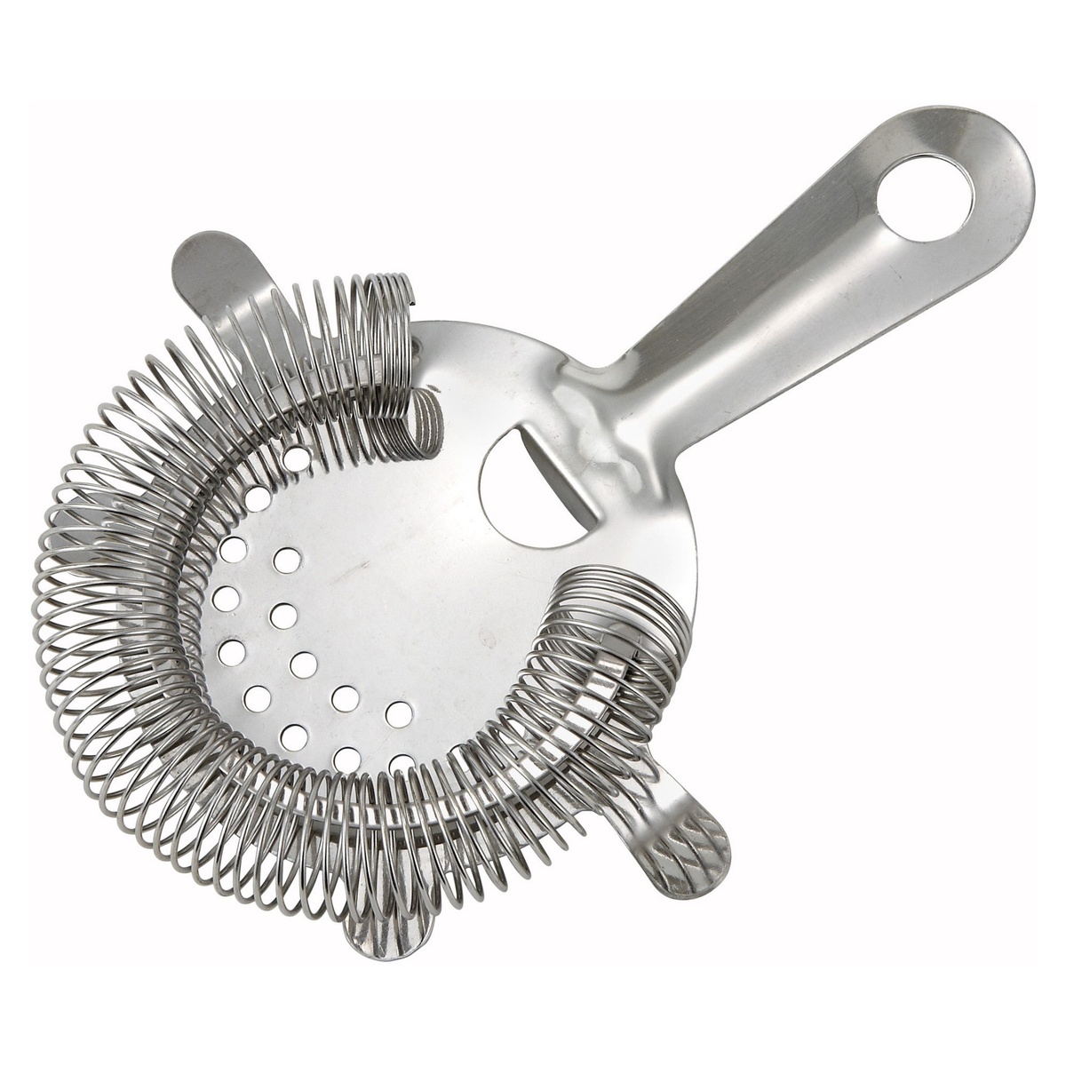 Winco BST-4P stainless steel four-prong cocktail bar strainer with coil spring and perforated straining surface