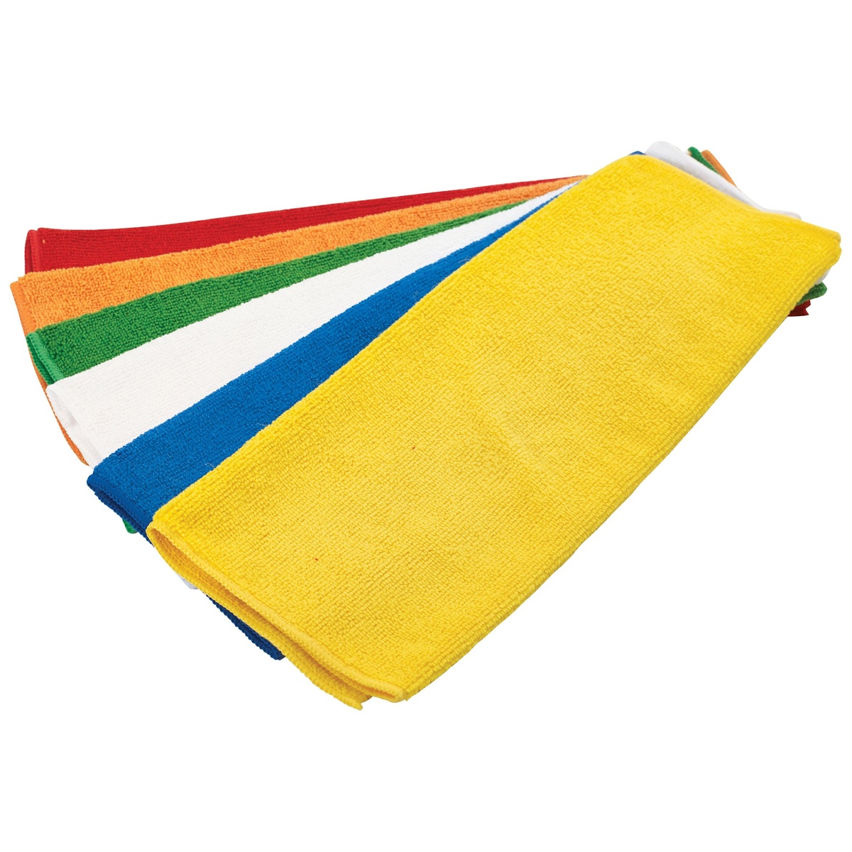 Six assorted-color Winco microfiber towels fanned out showing white, blue, green, orange, red, and yellow