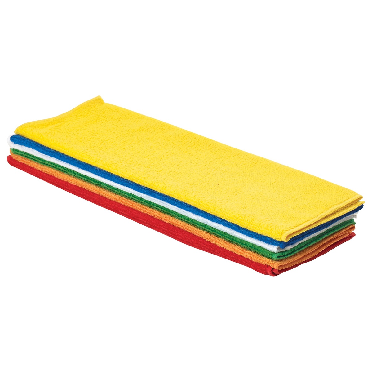 Stack of six assorted-color Winco microfiber bar and kitchen towels