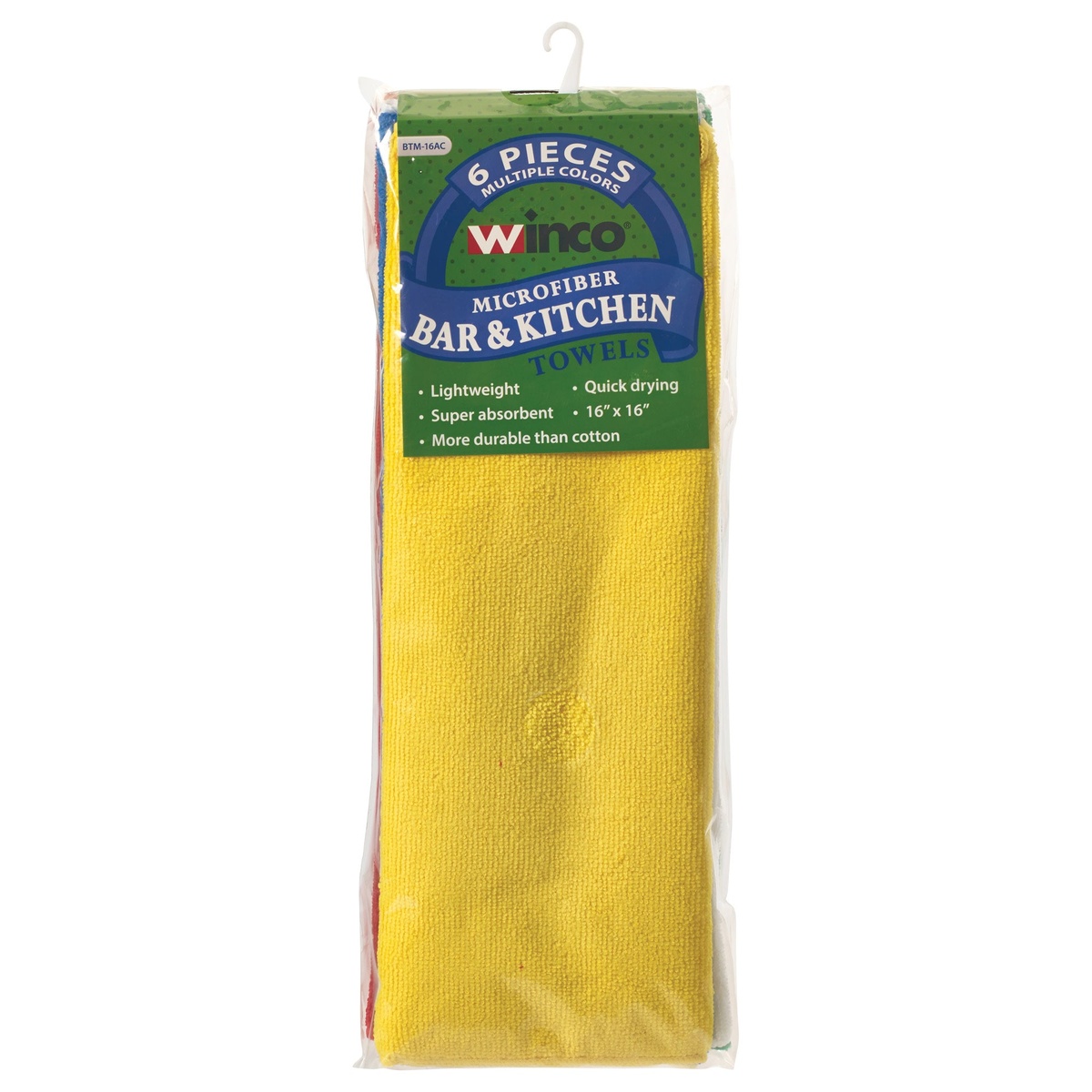 Winco BTM-16AC microfiber bar and kitchen towels in retail packaging showing 6-piece assorted set