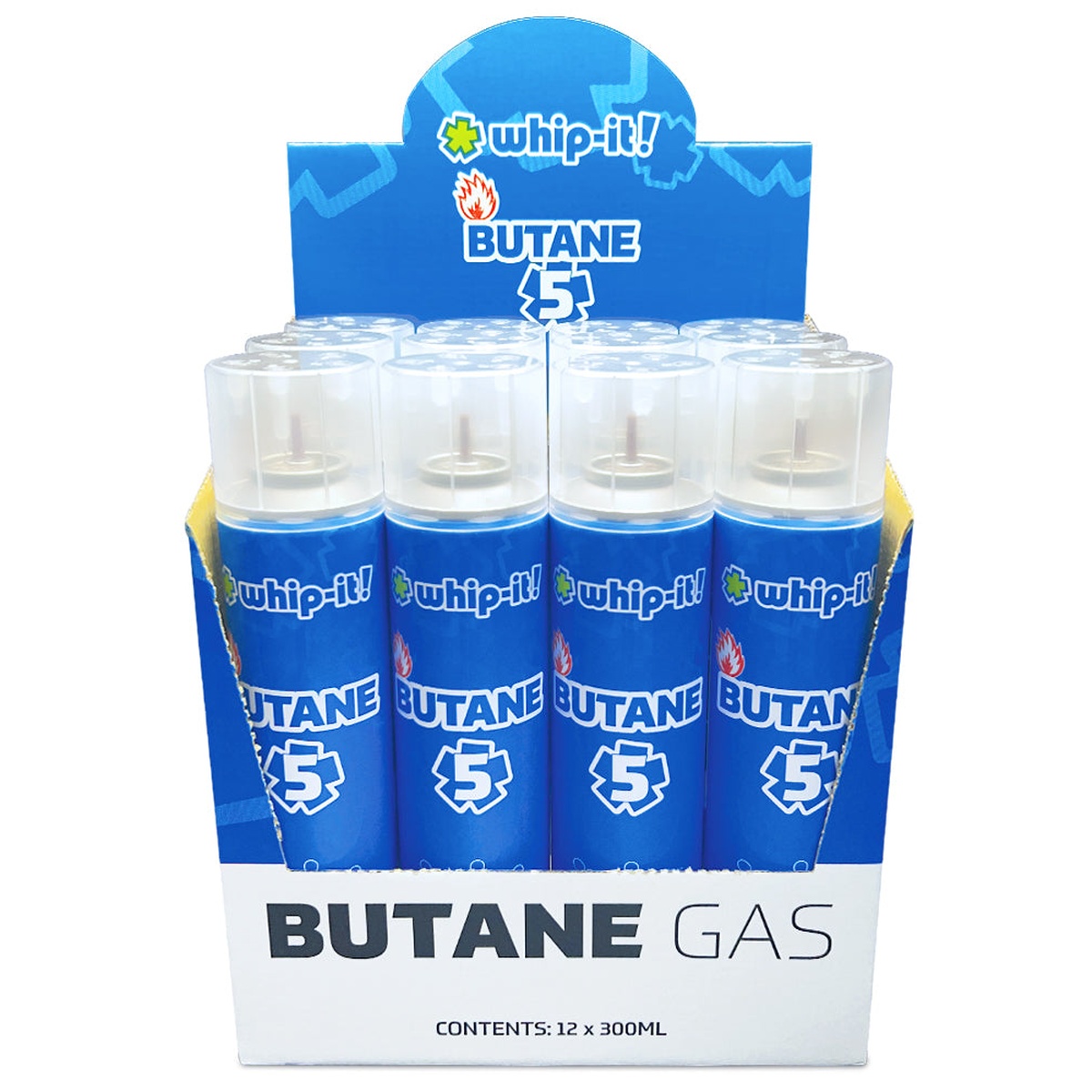 Whip-It! Butane 5 open retail display box containing 12 individual 300ml canisters
