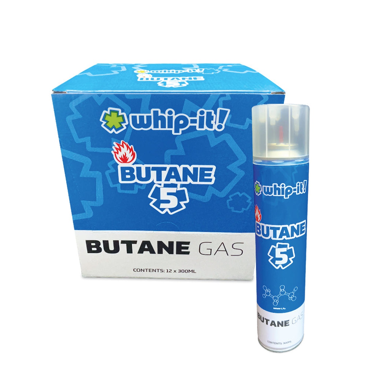 Whip-It! Butane 5 sealed shipping case next to a single 300ml butane canister