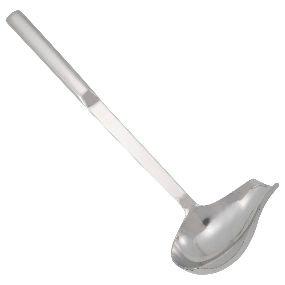 Winco BW-SP2 stainless steel 2 oz spout ladle with hollow handle and deep rounded bowl