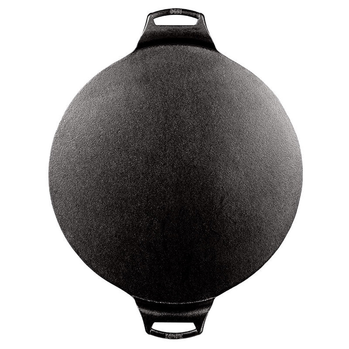 Top view of Lodge cast iron pizza pan showing round cooking surface and two handles