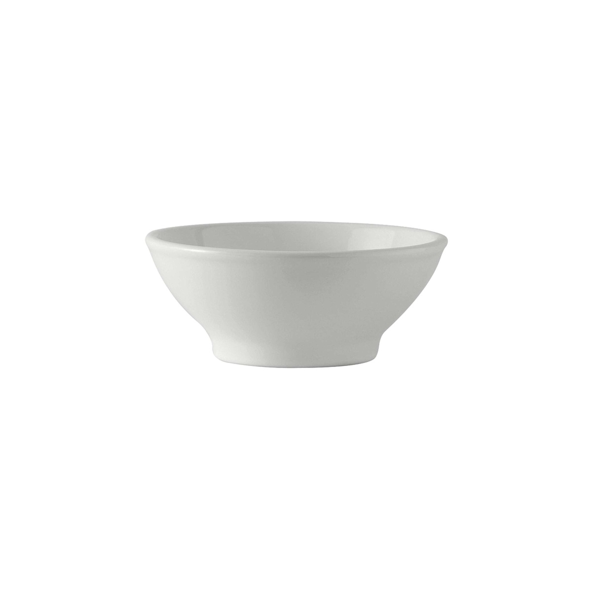 Tuxton BWB-2508 25 oz white salad and menudo bowl, side view showing tapered profile and footed base