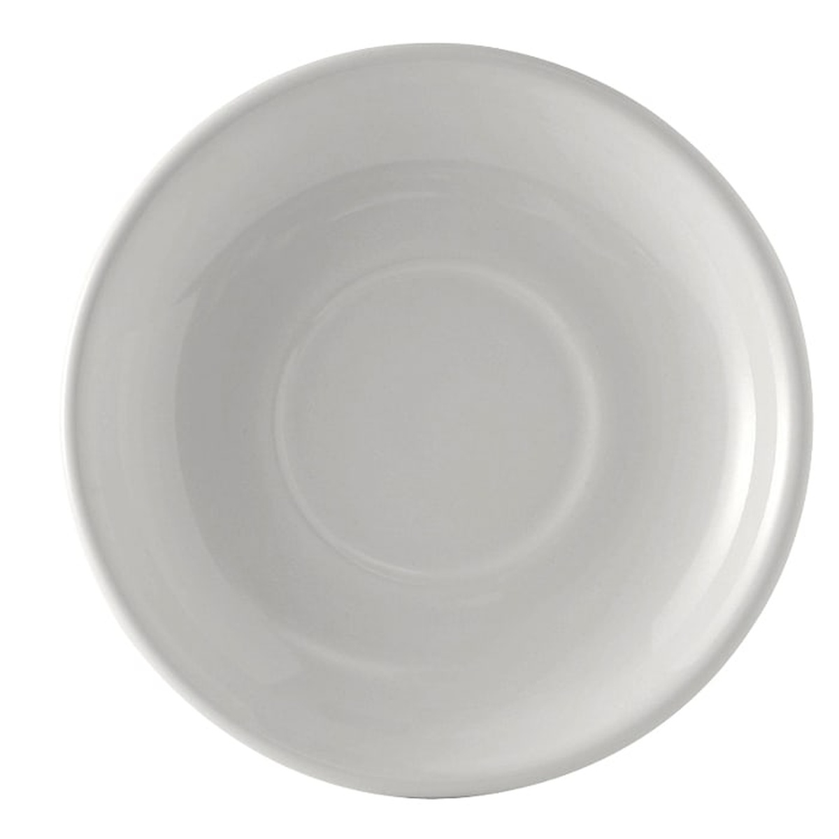 Tuxton BWE-066 6-3/4 inch white round cappuccino saucer, top-down view on white background