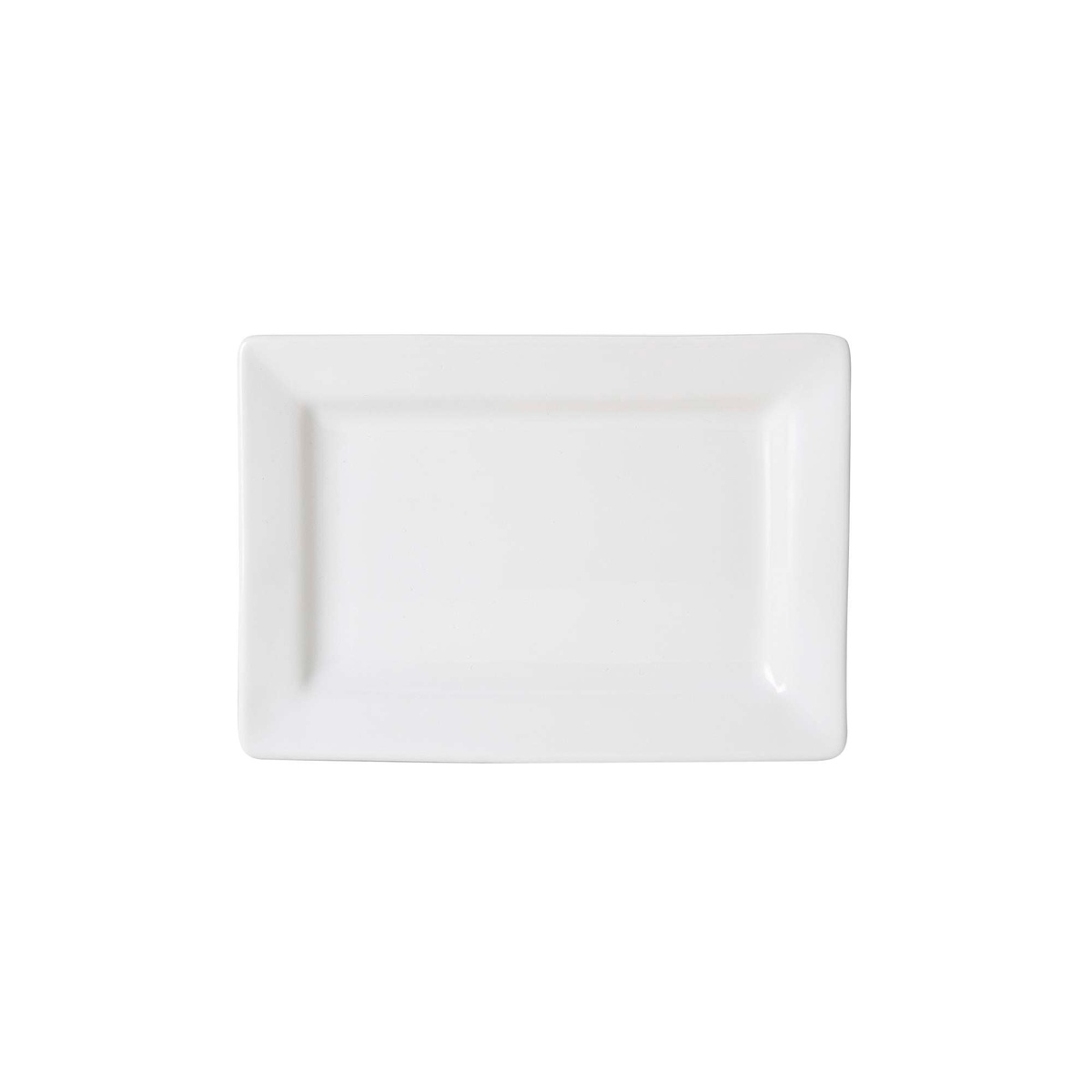 Tuxton white rectangular wide-rim china plate, top-down product view
