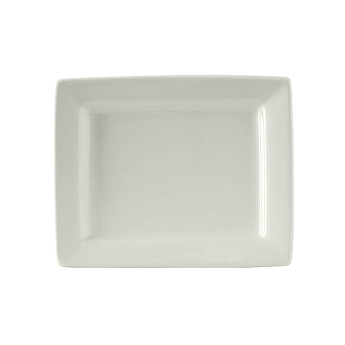 Tuxton BWH-0703 white rectangular china plate, top-down view showing wide rim and flat serving surface