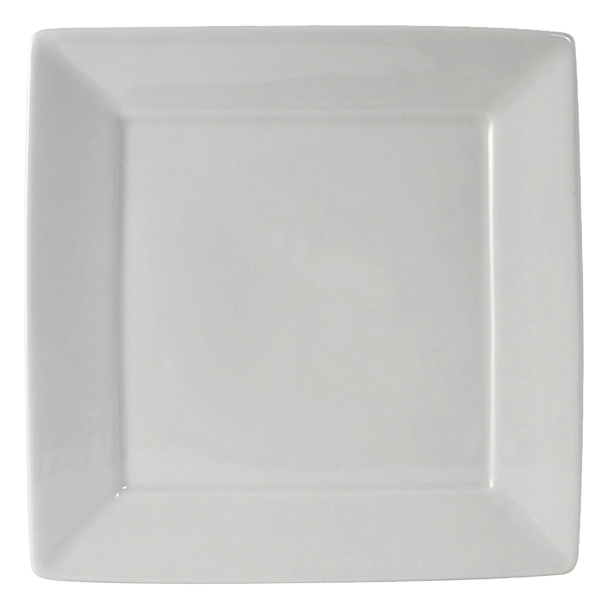 Tuxton BWH-1016 10-1/8 inch white square china plate with wide rim, top-down view