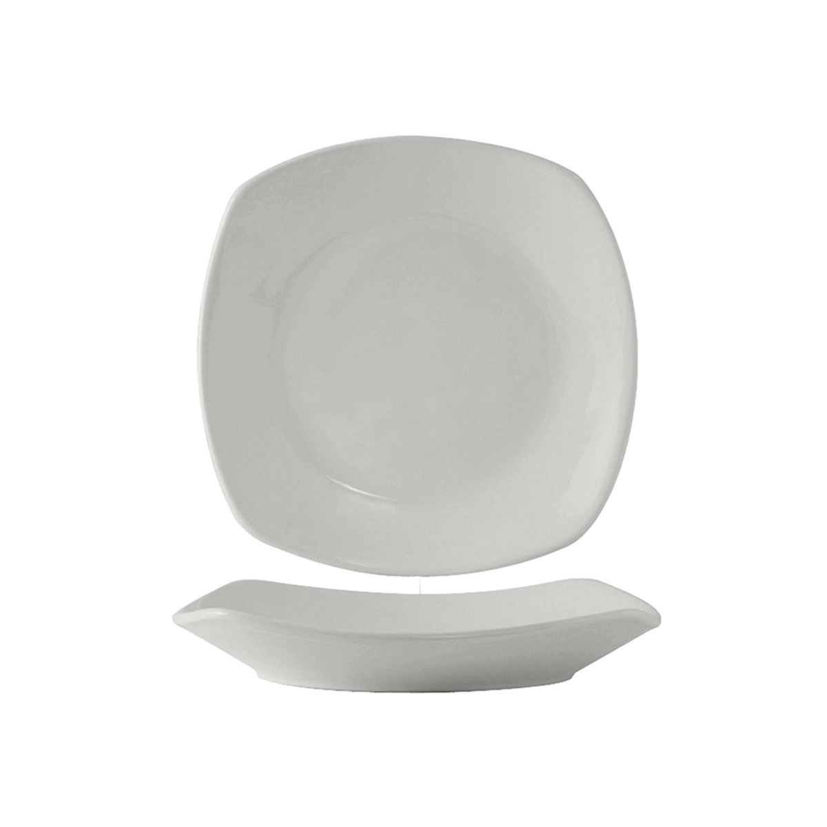 Tuxton BWH-105J white square coupe pasta plate, top and side profile views showing rounded square shape and deep coupe well