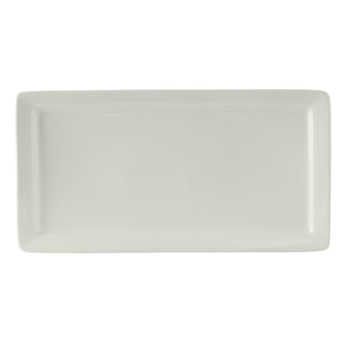 Tuxton DuraTux BWH-1547 white rectangular china platter, overhead view showing medium rim profile