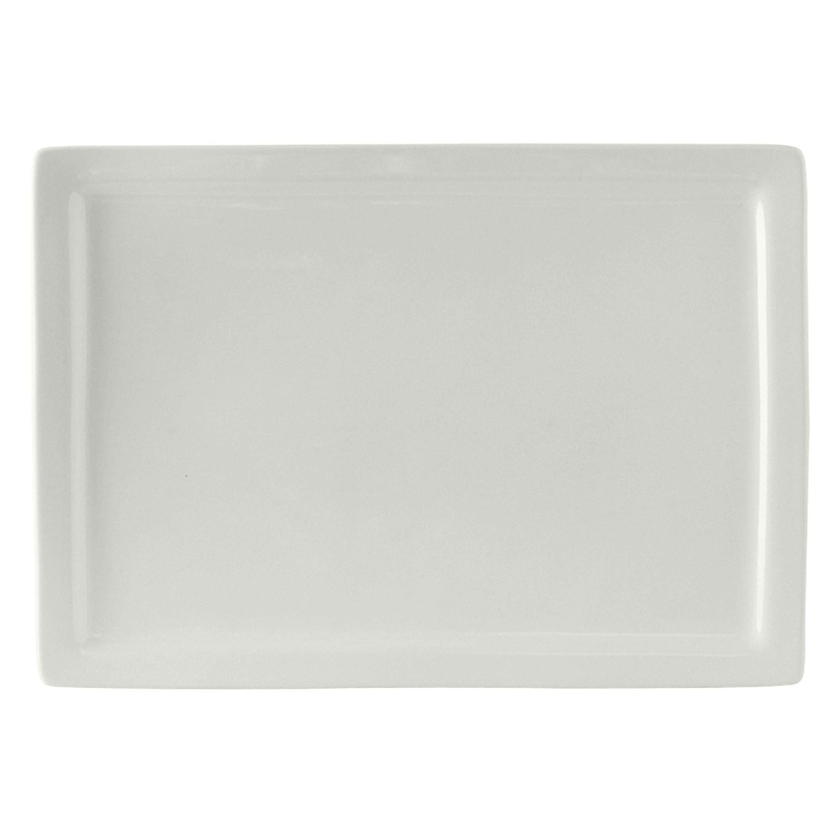 Tuxton white rectangular china plate with medium rim, wider square proportions, top-down view