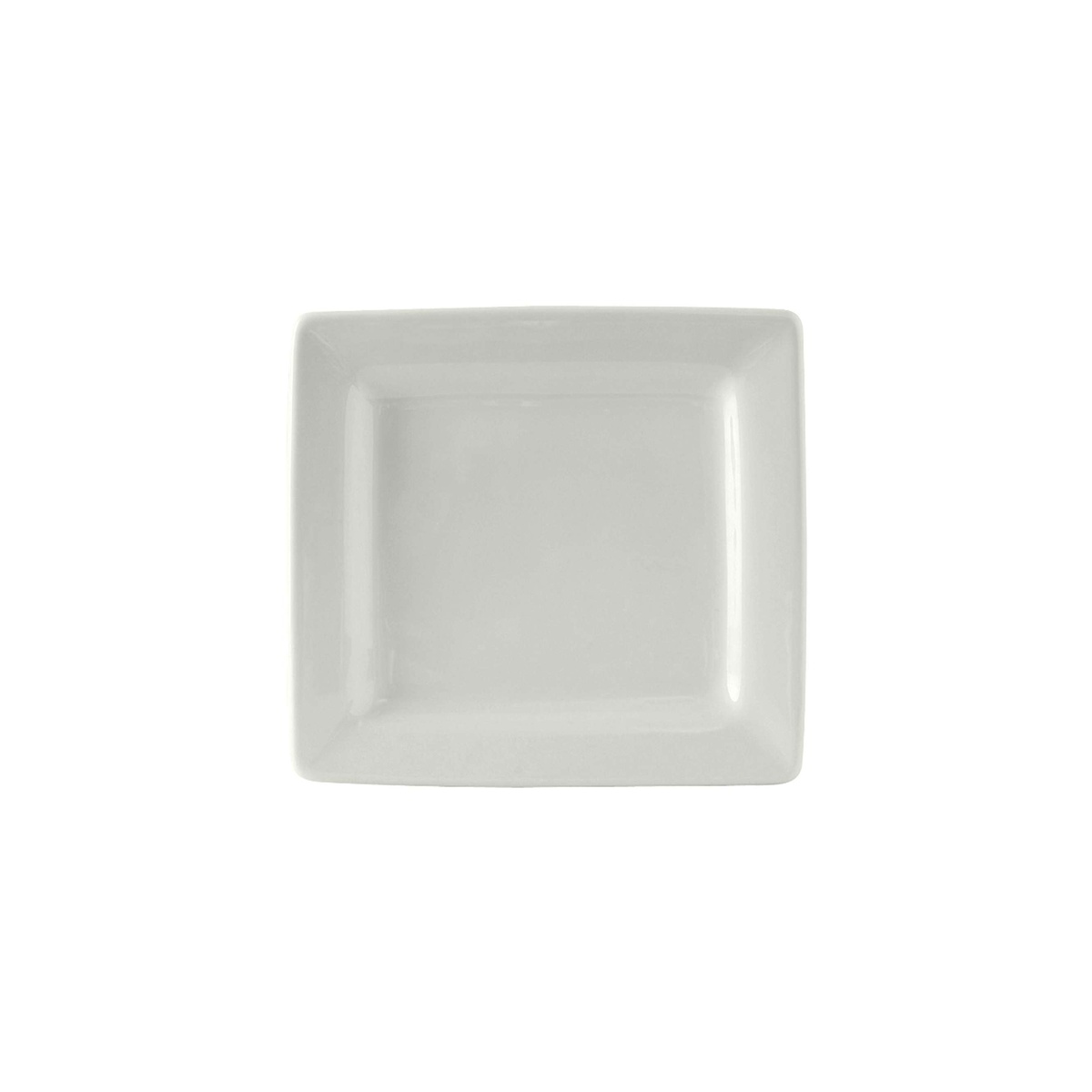Tuxton white square-form china plate with deep medium rim, top-down view