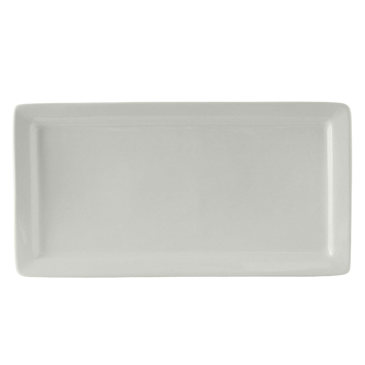Tuxton white rectangular china plate with rounded corners and medium rim, top-down view