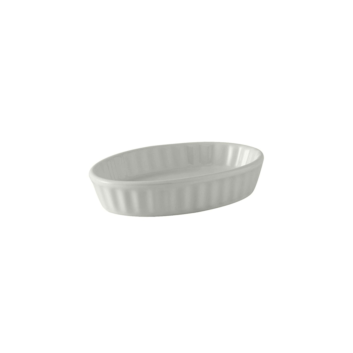 Tuxton white oval fluted creme brulee dish, side angle view highlighting fluted exterior texture and smooth rim