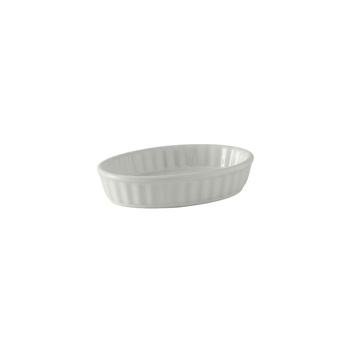 Tuxton BWK-0502 5 oz white oval fluted creme brulee dish, angled view showing fluted sides and glossy interior