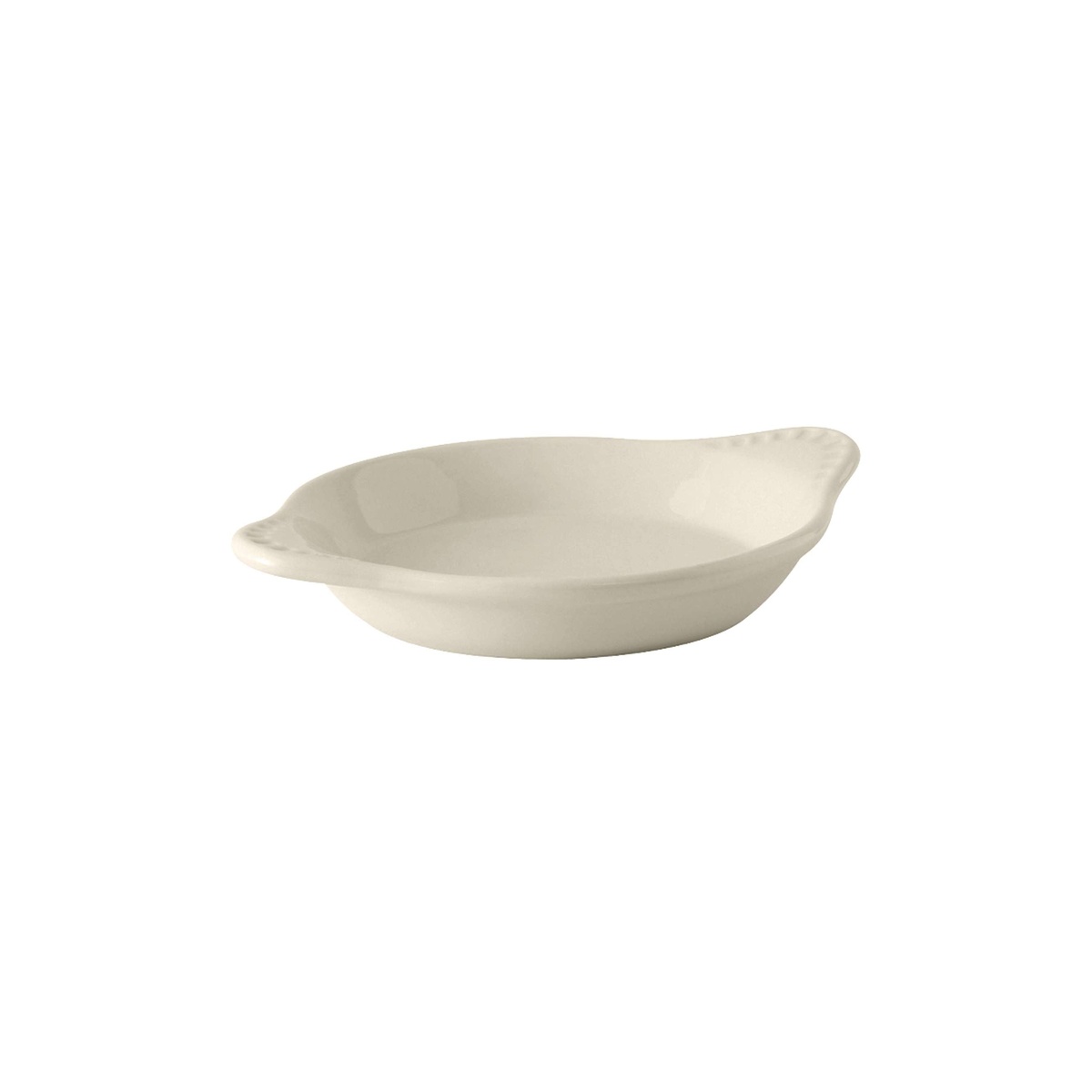 Tuxton eggshell round shirred egg dish in three-quarter view showing scalloped tab handle and shallow bowl profile