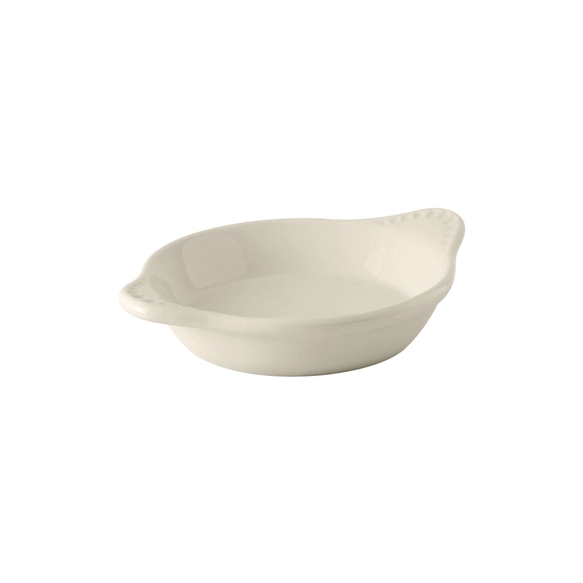 Tuxton eggshell round shirred egg dish larger size showing consistent form and glossy white finish