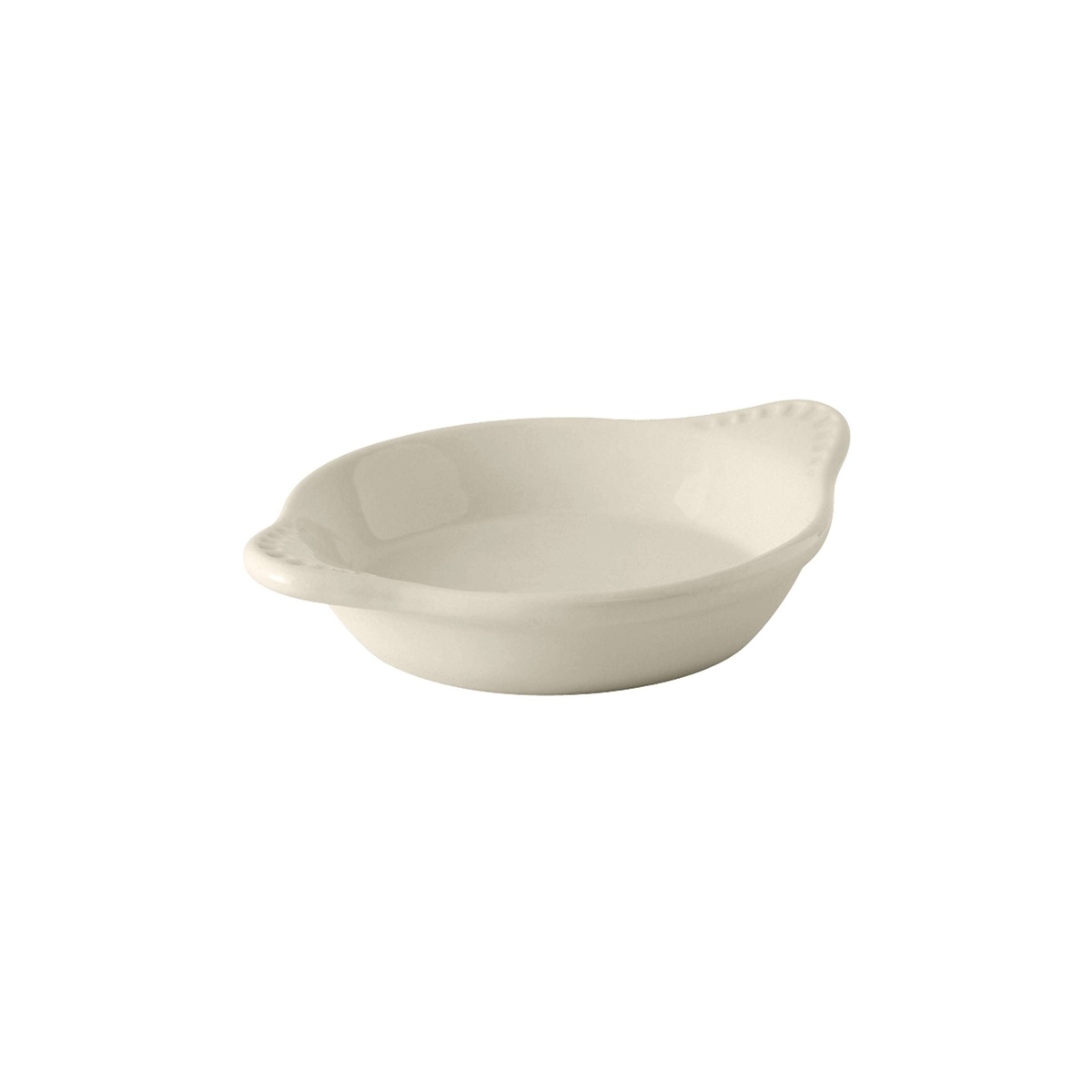 Tuxton eggshell round shirred egg dish angled view showing interior bowl depth and tab handle detail