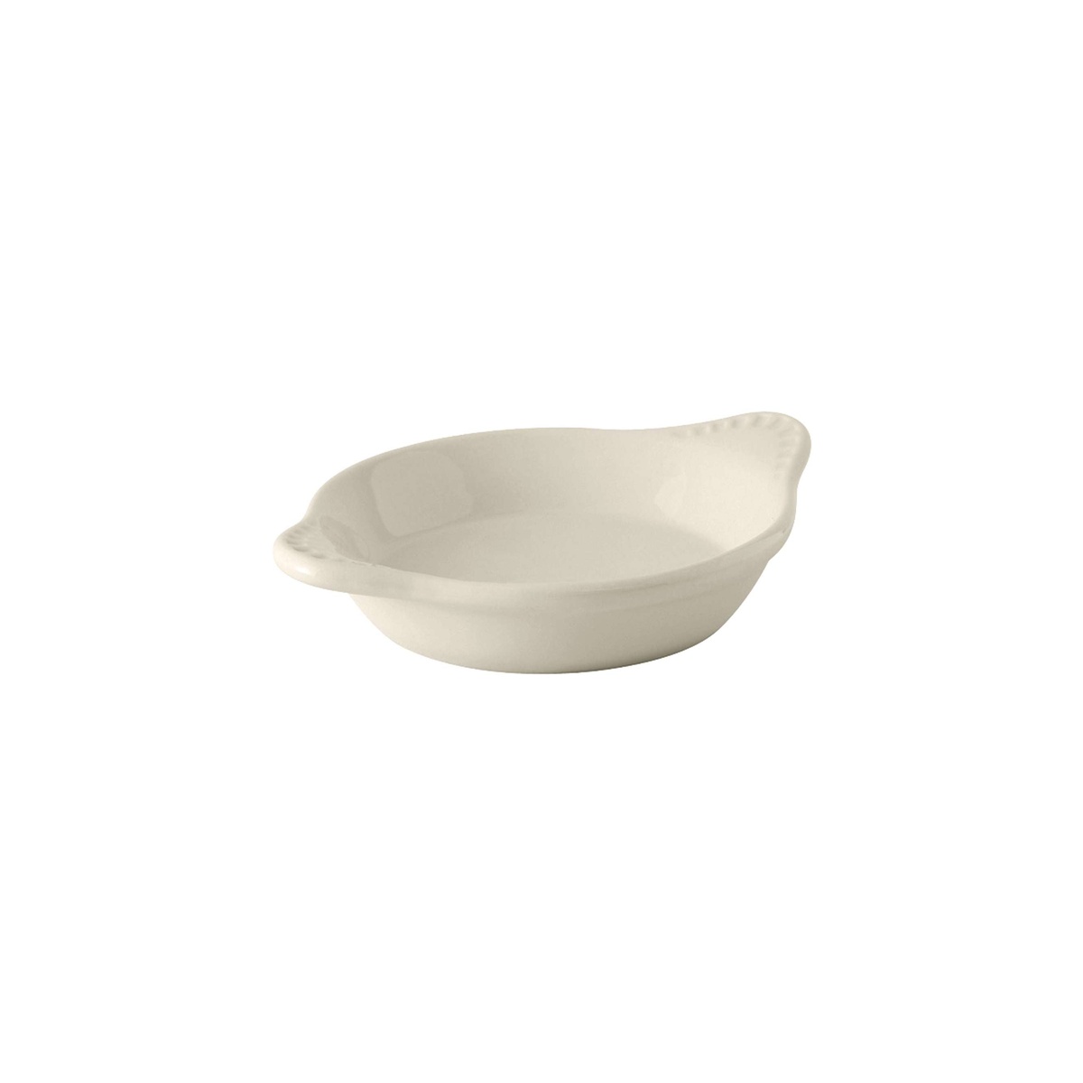 Tuxton BWN-0602 6 oz white round shirred egg dish with tab handles, glossy finish, angled view