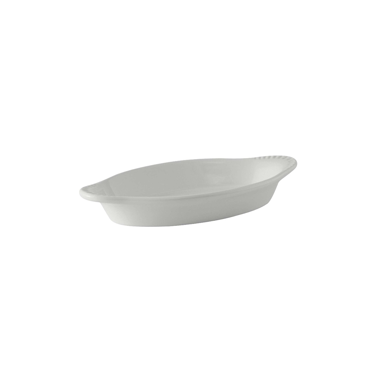 Tuxton BWN-080 8 oz white oval china welsh rarebit dish, angled view