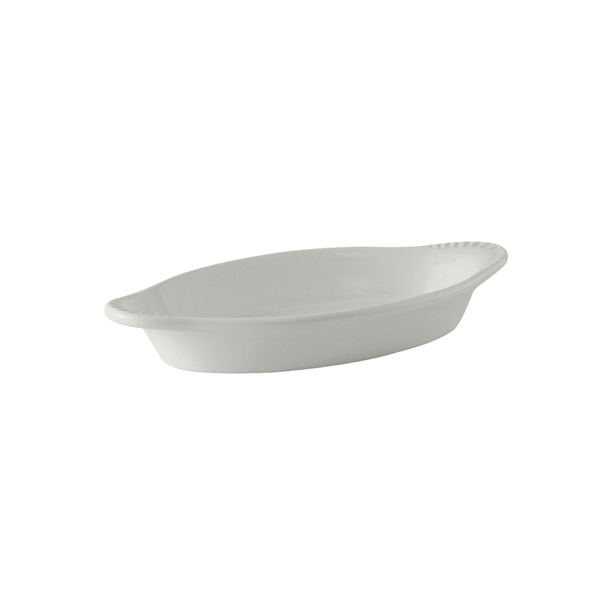 Tuxton white oval china welsh rarebit dish, side profile view showing depth