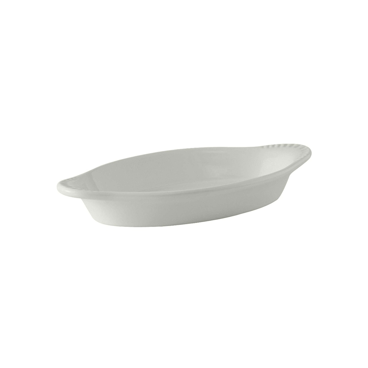 Tuxton white oval china welsh rarebit dish, larger angle showing handle details