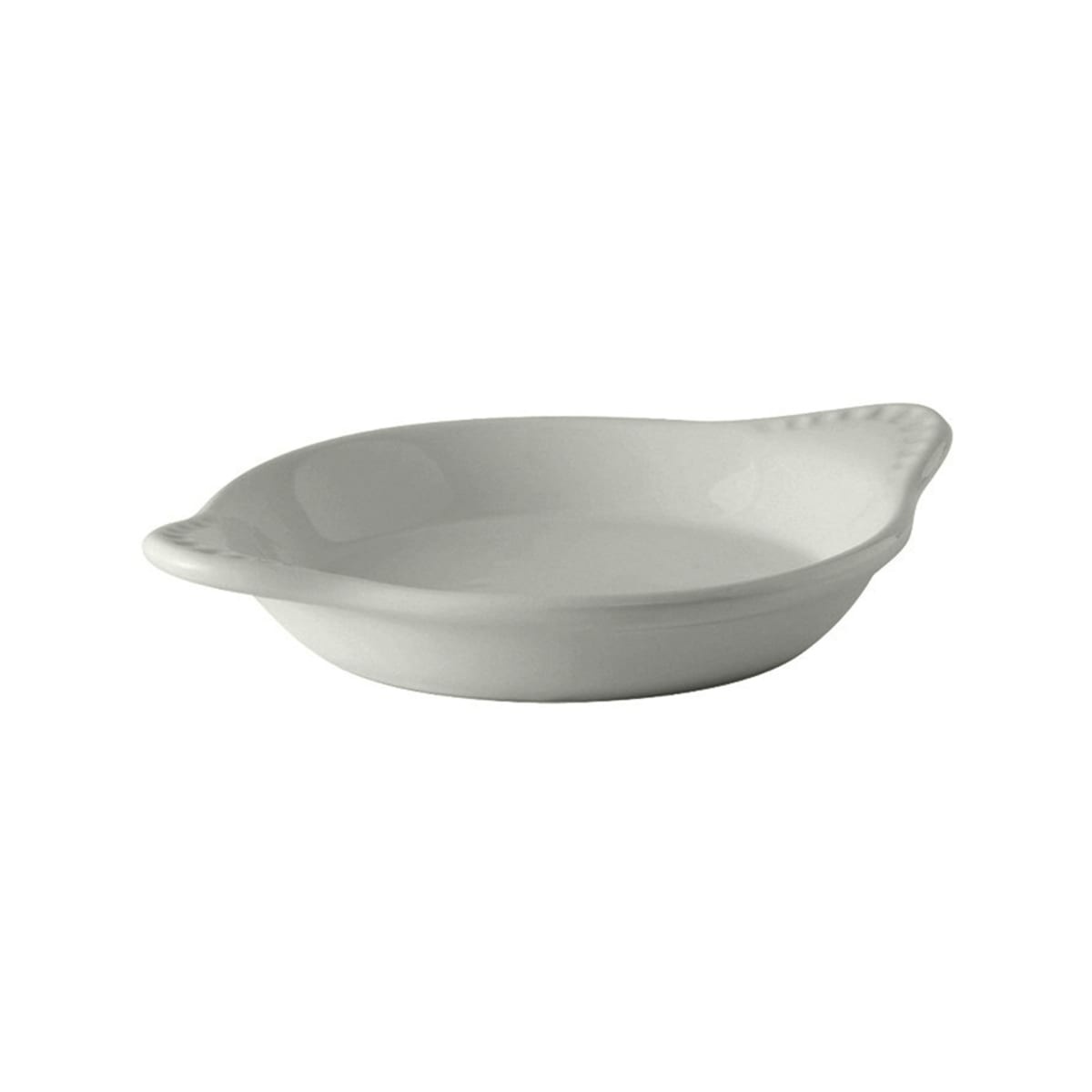Tuxton BWN-0902 white round ceramic shirred egg dish with low profile and tab handles
