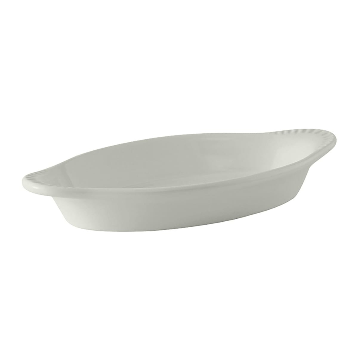 Tuxton China BWN-120 12 oz. white oval ceramic Welsh rarebit dish with scalloped handles