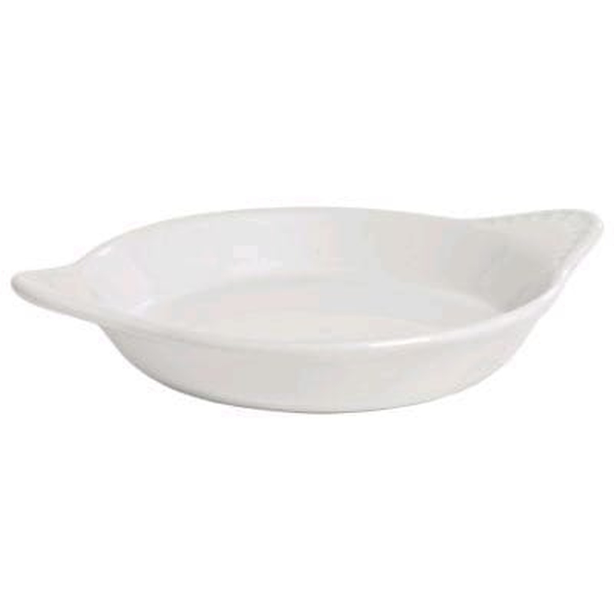 Tuxton BWN-1202 15 oz. round white shirred egg dish with tab handles, ceramic, top-angle view