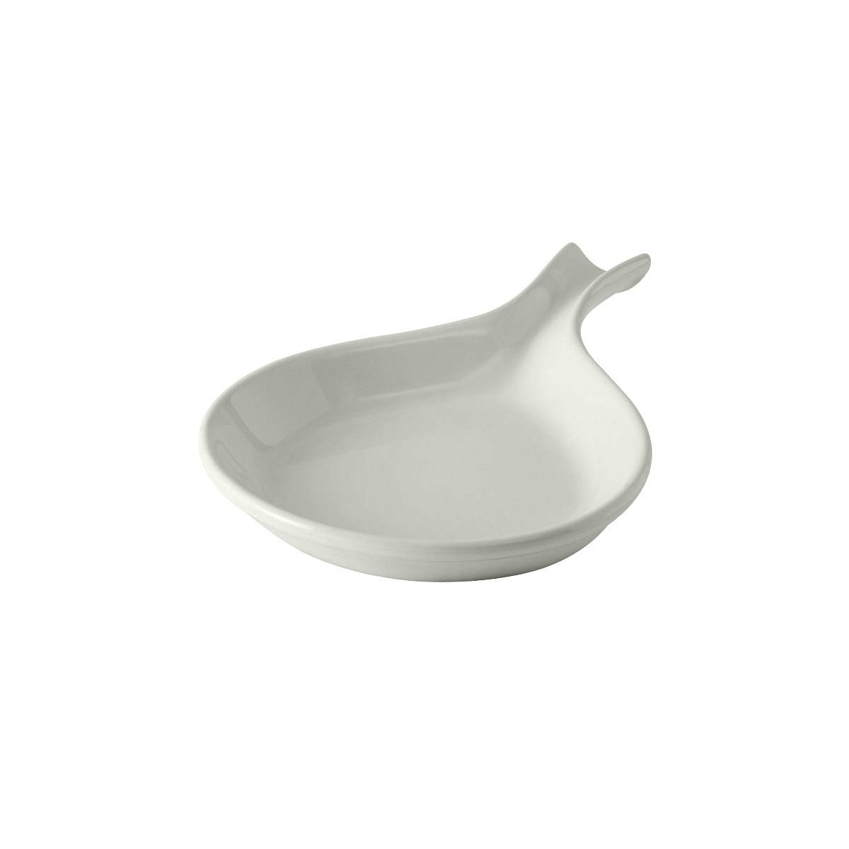 Tuxton China BWP-100 white oblong ceramic fry pan server, 12 oz, with handle spout, on white background