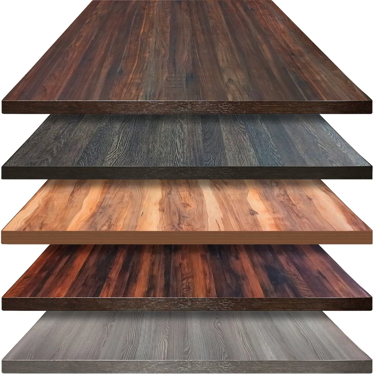 Oak Street BWP3030 Backwoods Premium Table Top shown in multiple stacked finishes including dark walnut, storm gray, natural bamboo, mahogany, and barn wood gray