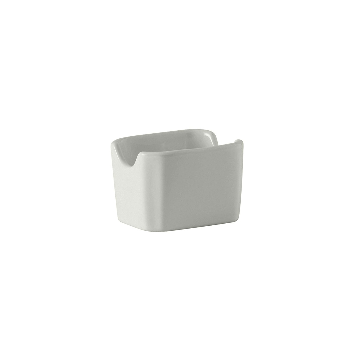 Tuxton BWQ-034 white vitrified china sugar packet holder with open top and notched sides, angled view