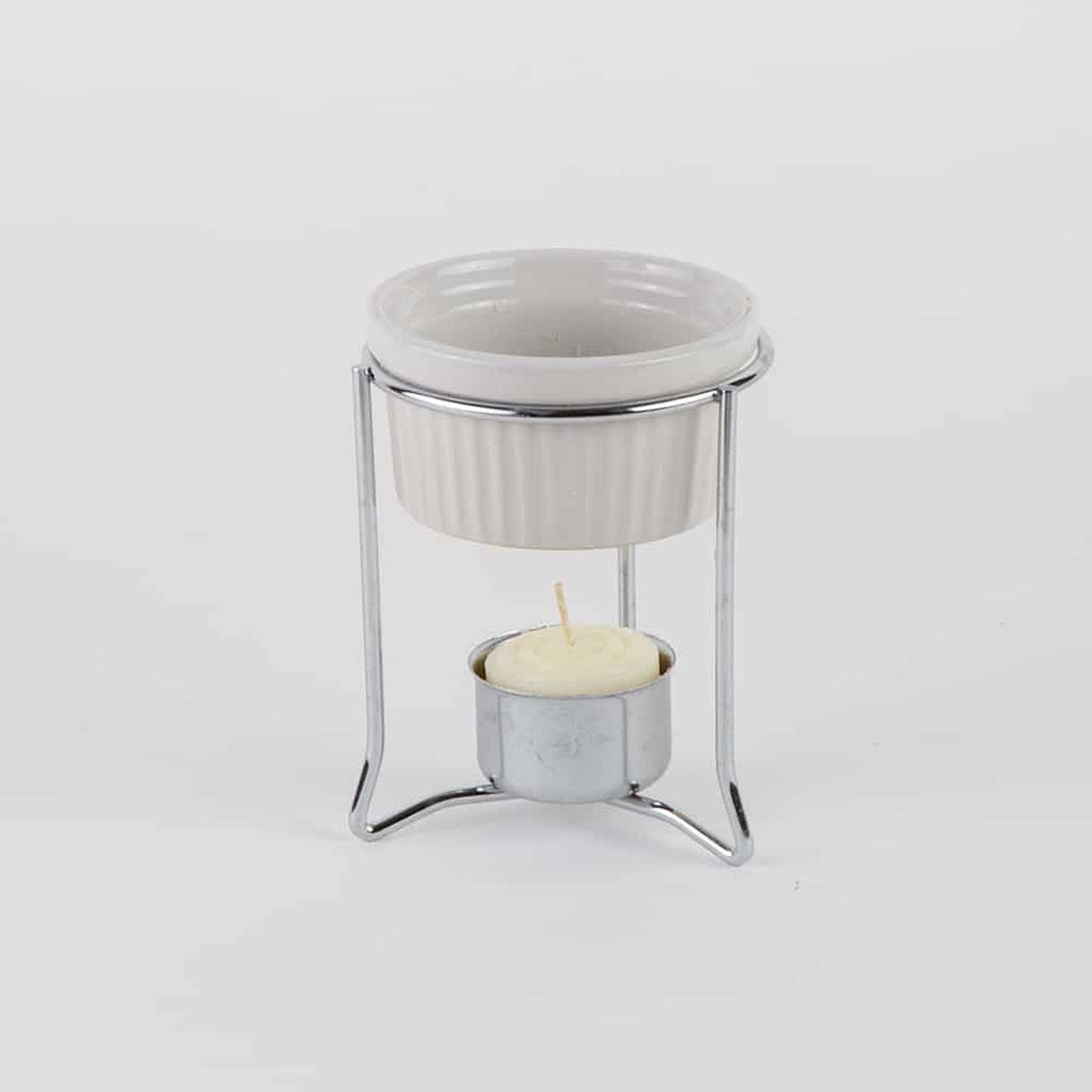 American Metalcraft BWR34 butter warmer set showing white ceramic ramekin seated in chrome-plated stand with votive candle holder below