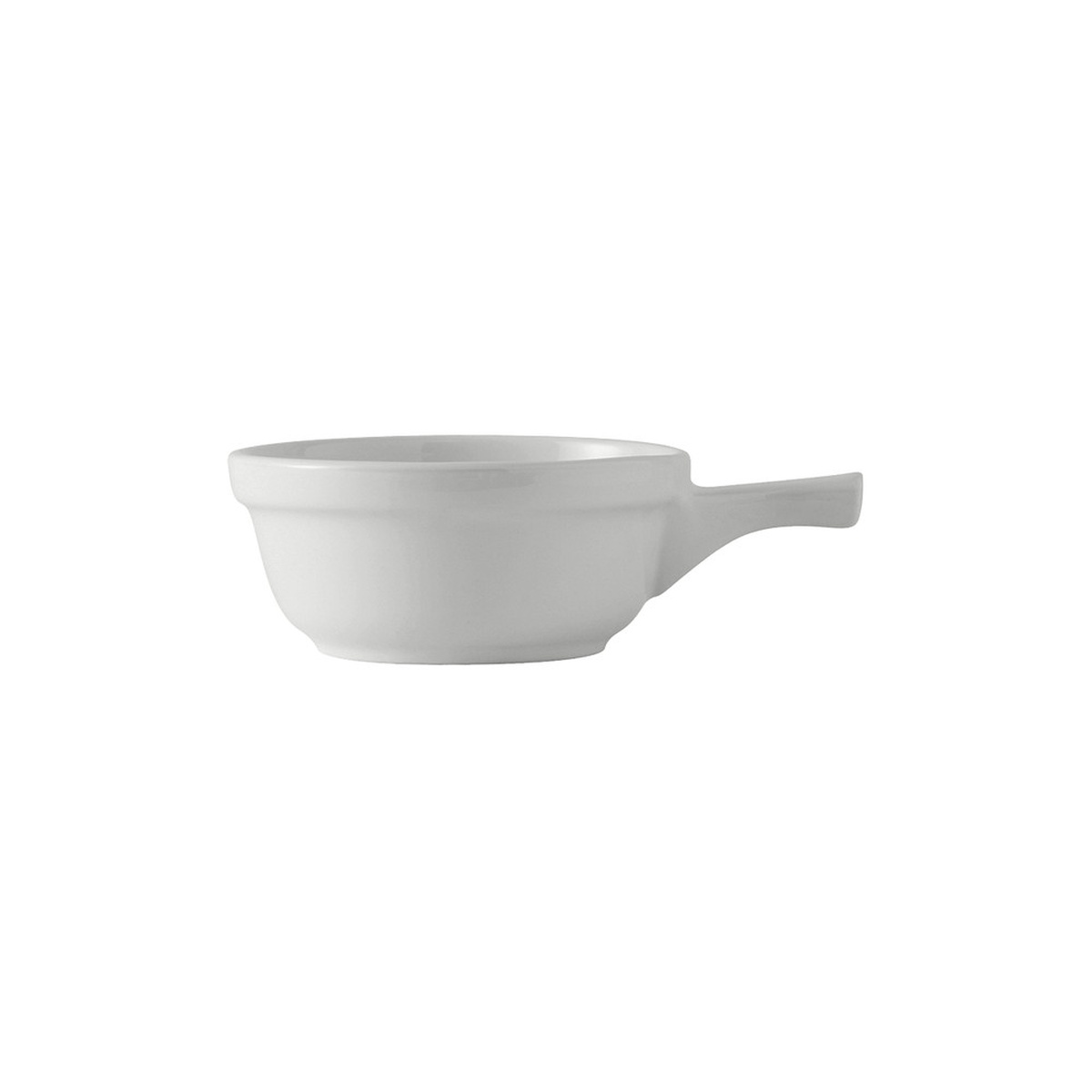 Tuxton BWS-1402 white ceramic French casserole dish with integrated handle, side profile view