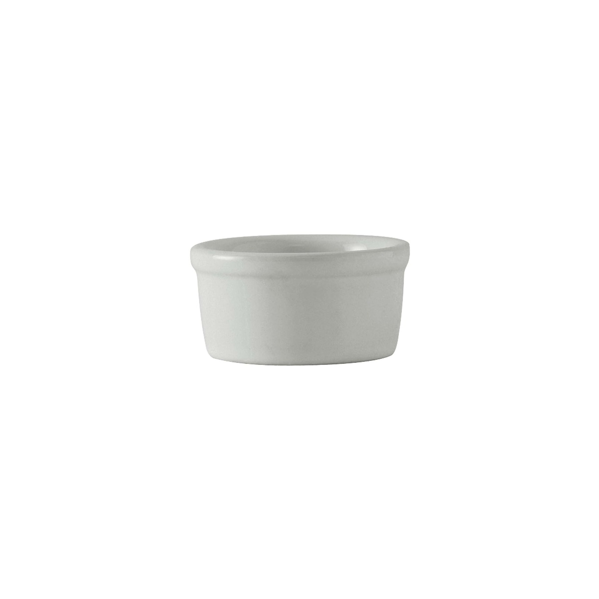 Tuxton white round ramekin with wide flat rolled rim, front view