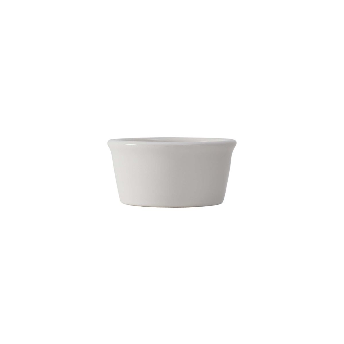 Tuxton white round ramekin with smooth curved sides and wide rolled rim, front view