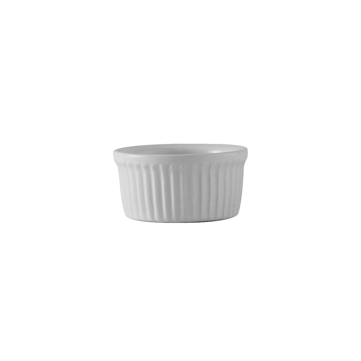 Tuxton white fluted china ramekin shown from above at an angle, showing the wide opening and fluted sides